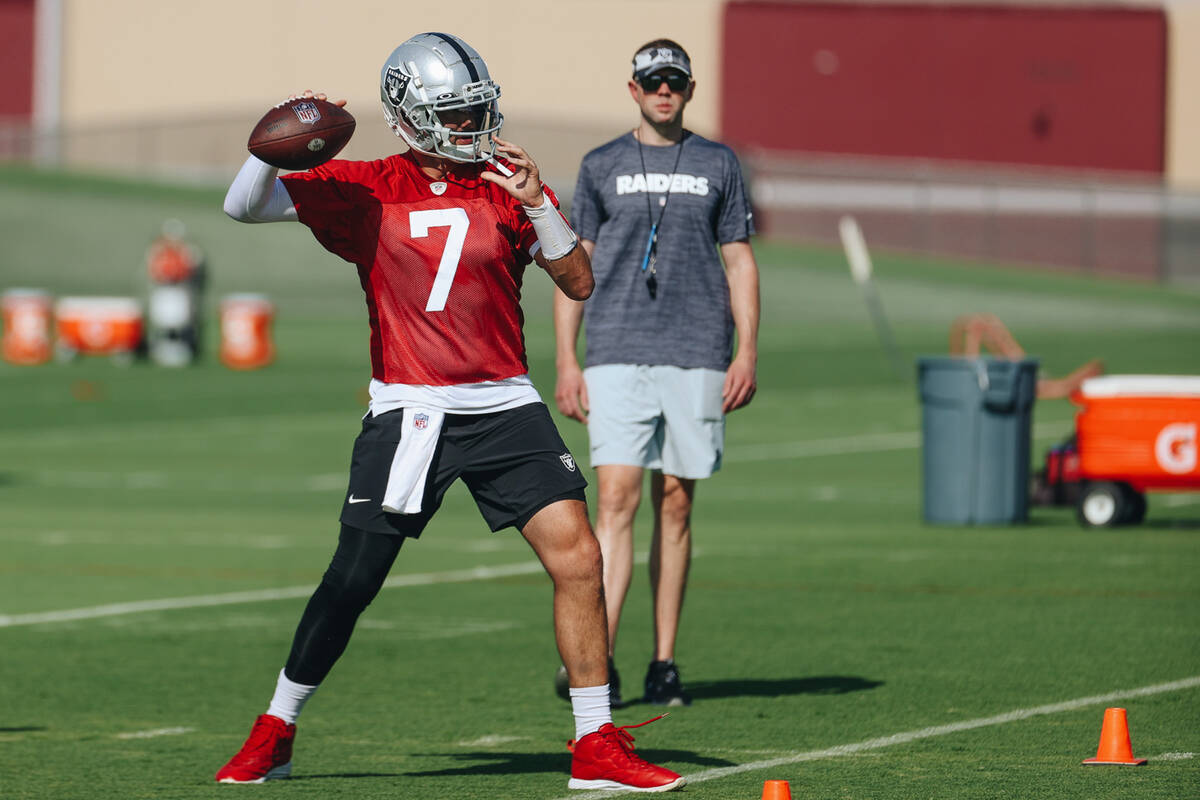 Raiders quarterback Brian Hoyer throws the ball during training camp at the Intermountain Healt ...