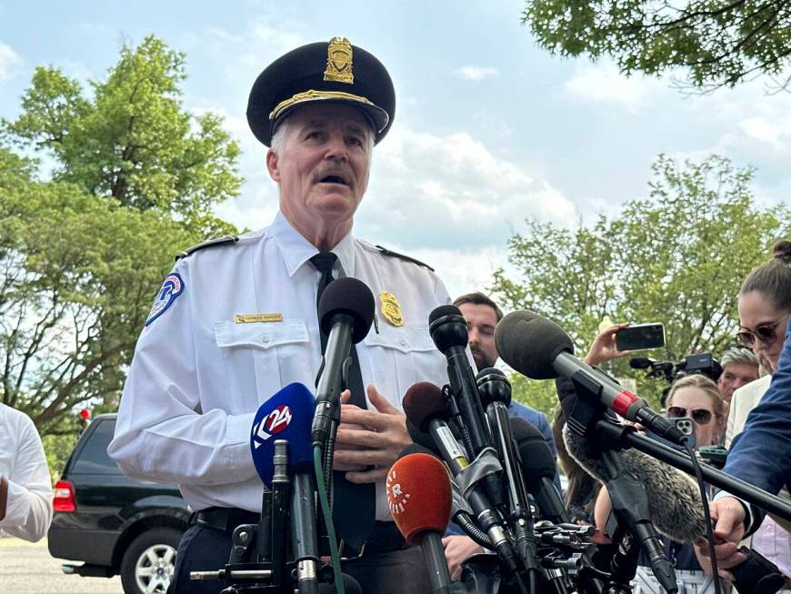 U.S. Capitol Police Chief Thomas Manger speaks to the media Wednesday, Aug. 2, 2023, on Capitol ...