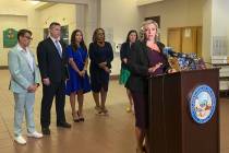 Senate Majority Leader Nicole Cannizzaro, joined by other Democratic legislators, speaks during ...