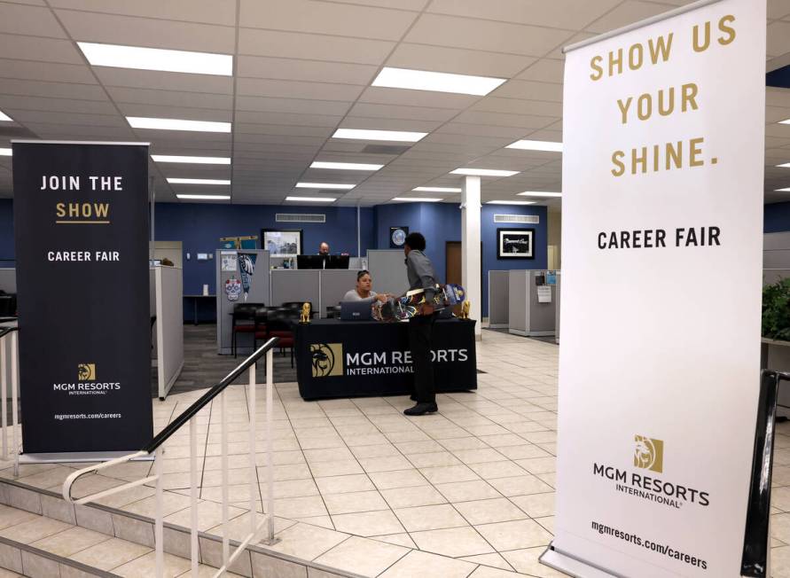 Job seeker Nevalle Swan, 29, right, thanks Shalynn Kelly during an MGM Resorts International jo ...