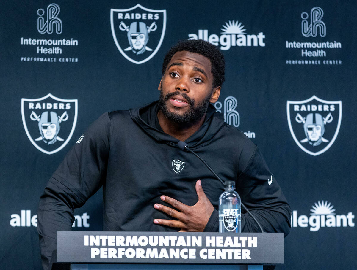 Raiders linebacker Divine Deablo (5) answers a question during a press conference in training c ...