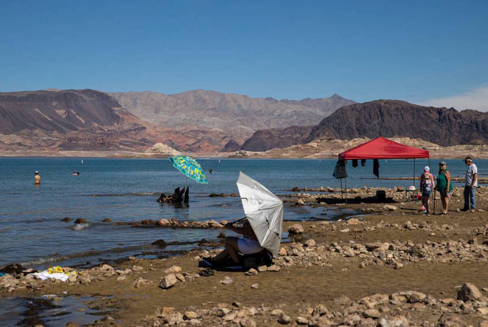 People hang out at Swim Beach, along the Boulder Basin and Boulder Beach area, at Lake Mead Nat ...