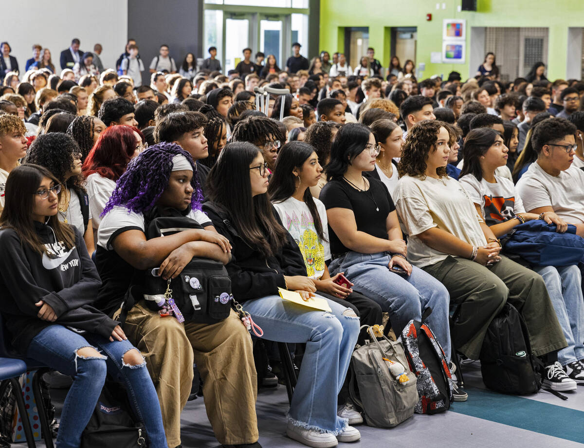 Student at Northeast Career and Technical Academy listen to their principal Ryan Cordia during ...