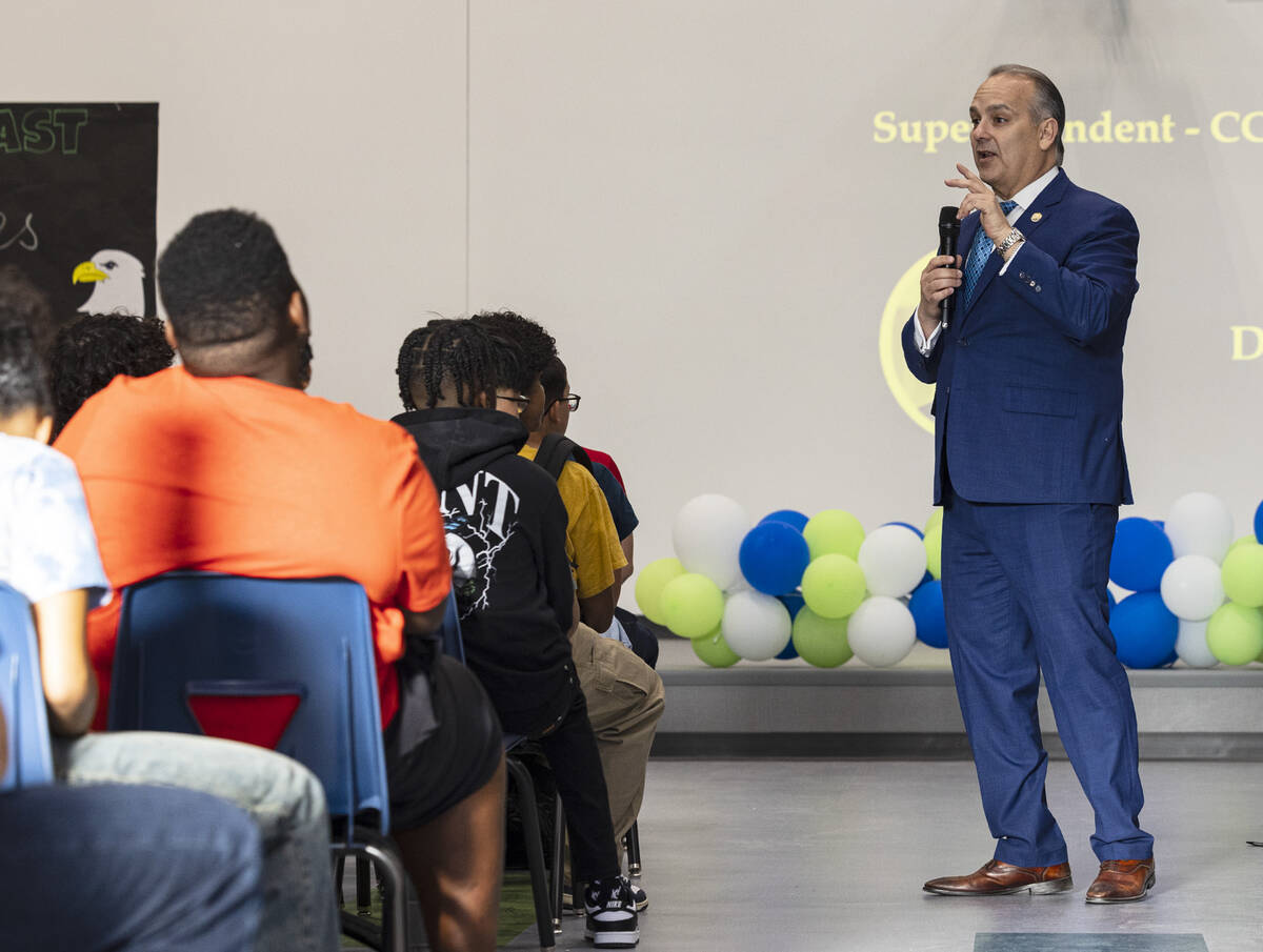 CCSD Superintendent Dr. Jesus F. Jara speaks to Northeast Career and Technical Academy students ...