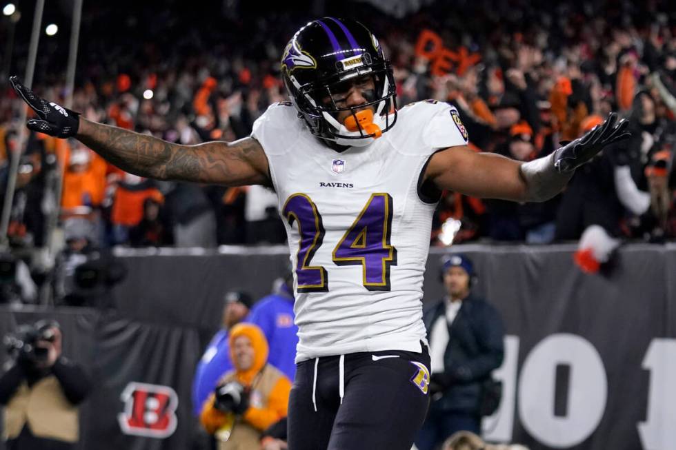 Baltimore Ravens cornerback Marcus Peters reacts to breaking up a pass intended for Cincinnati ...