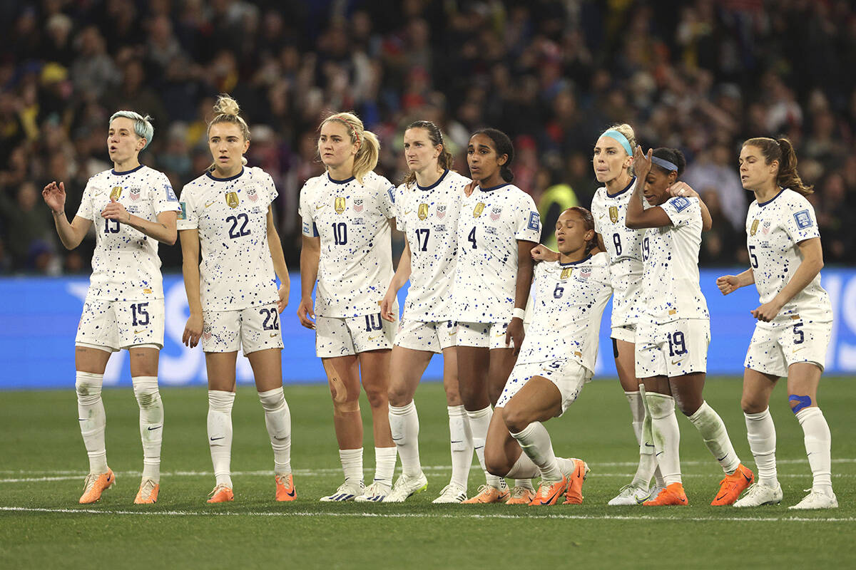 United States' team react during a penalties' shootout during the Women's World Cup round of 16 ...
