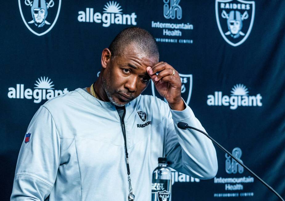 Raiders defensive coordinator Patrick Graham considers an answer as he talks to the media durin ...