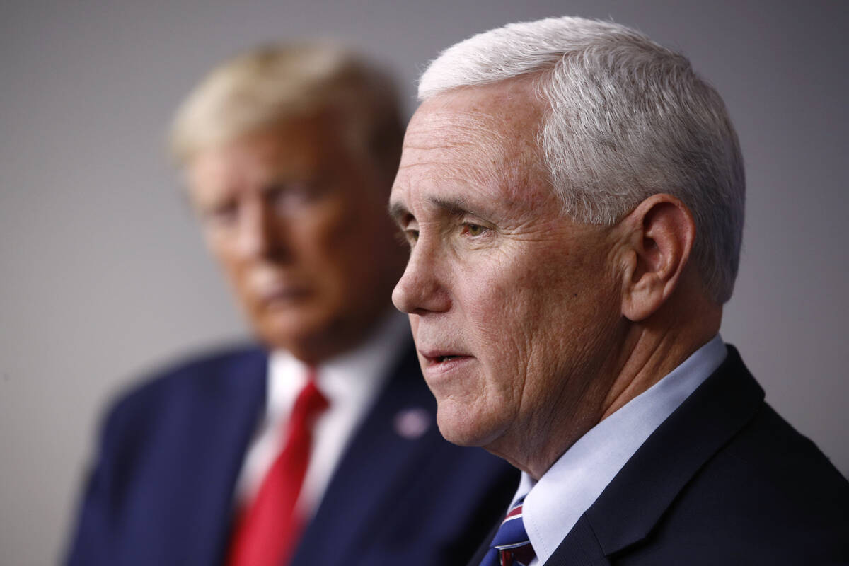 FILE - Vice President Mike Pence speaks alongside President Donald Trump during a coronavirus t ...