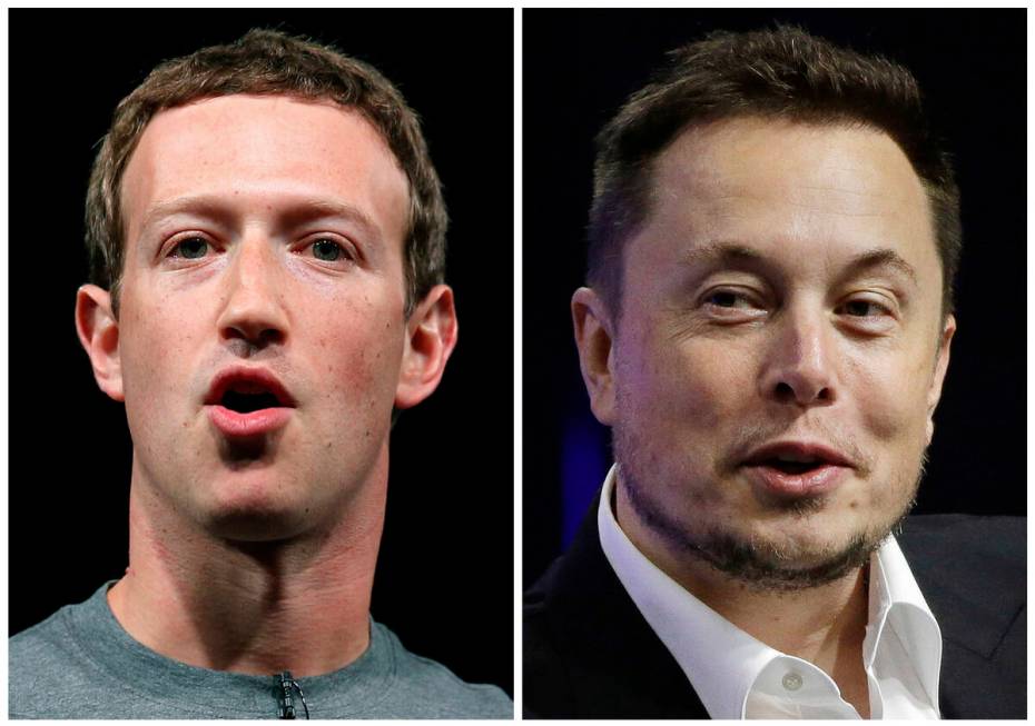 FILE - This combo of file images shows Facebook CEO Mark Zuckerberg, left, and Tesla and SpaceX ...