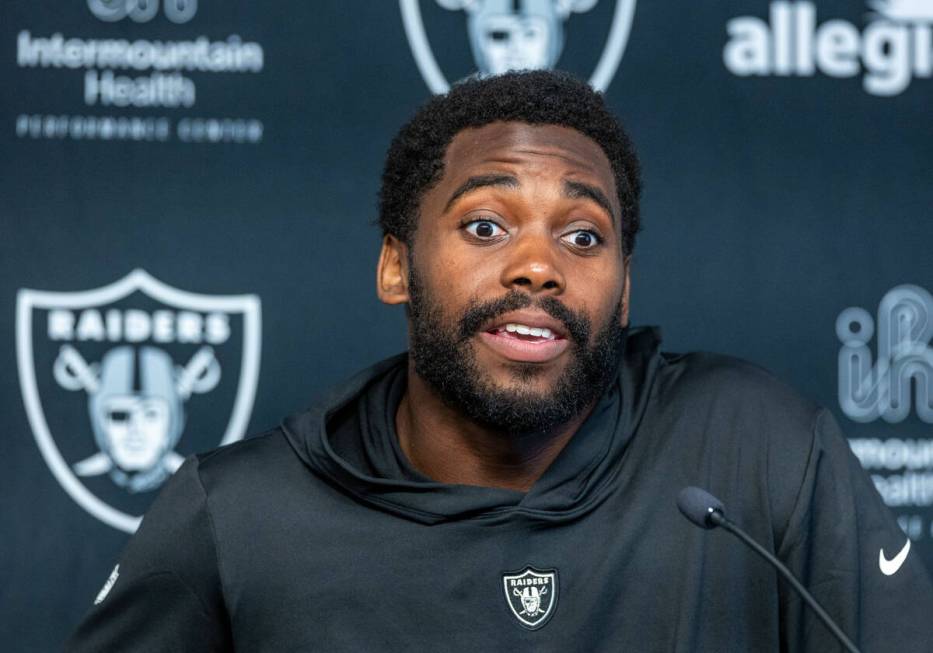 Raiders linebacker Divine Deablo (5) answers a question during a press conference in training c ...