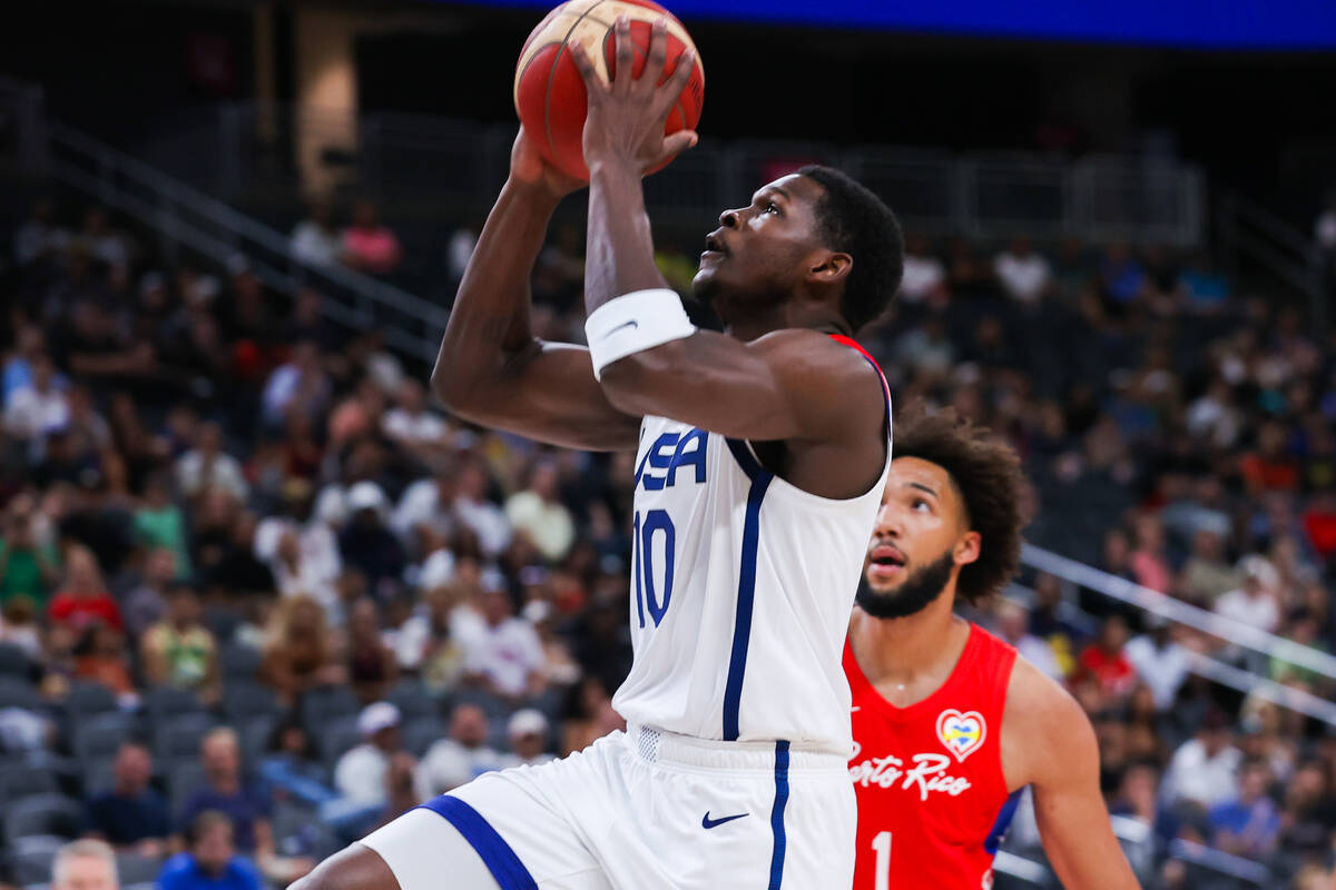 USA Basketball Men’s National Team Anthony Edwards (10) goes in for a dunk at the first ...