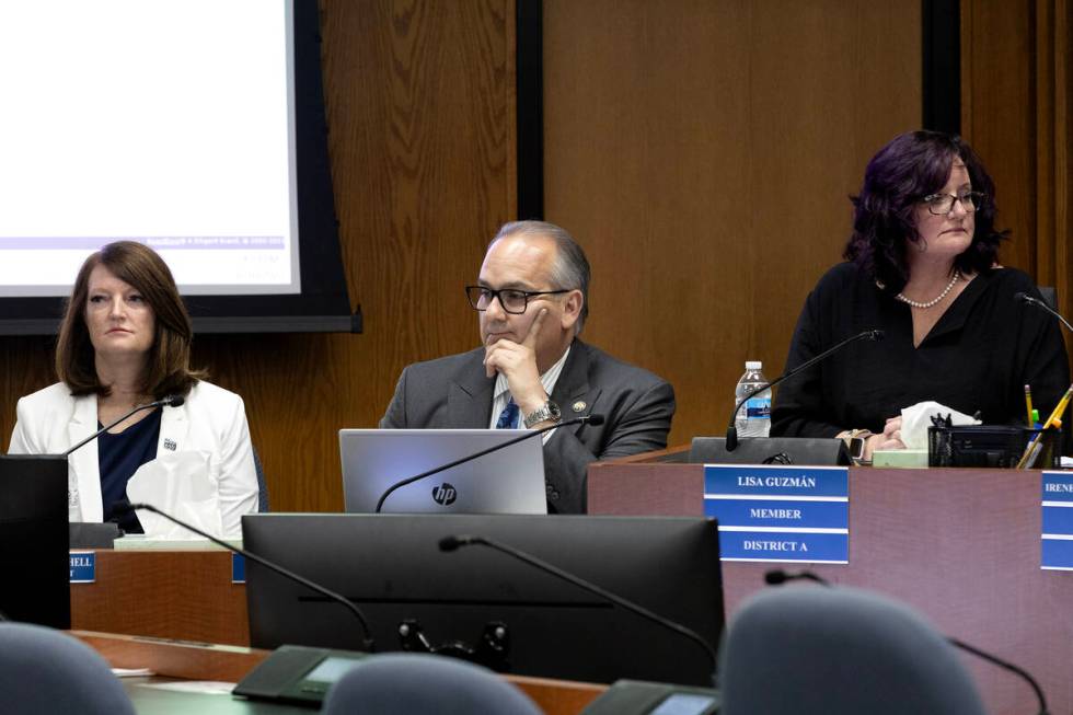 Clark County School District superintendent Jesus Jara, center, reacts while Clark County Educa ...