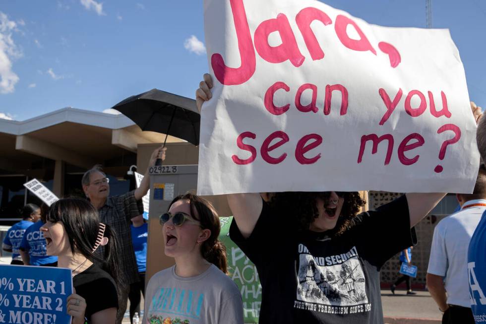 Students join Clark County Education Association teachers union members in a protest outside CC ...