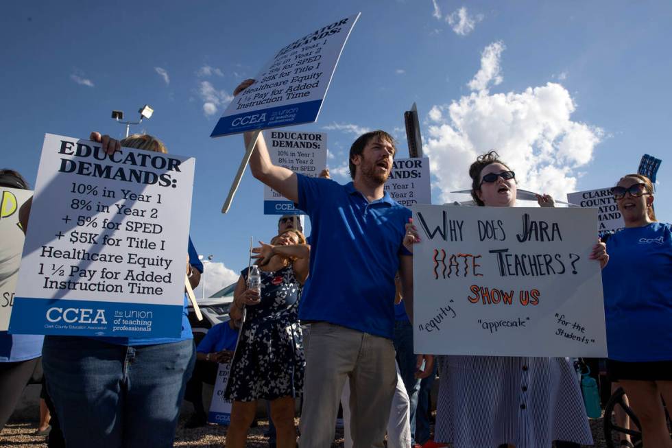 Clark County Education Association teachers union members protest outside CCSD’s Greer E ...