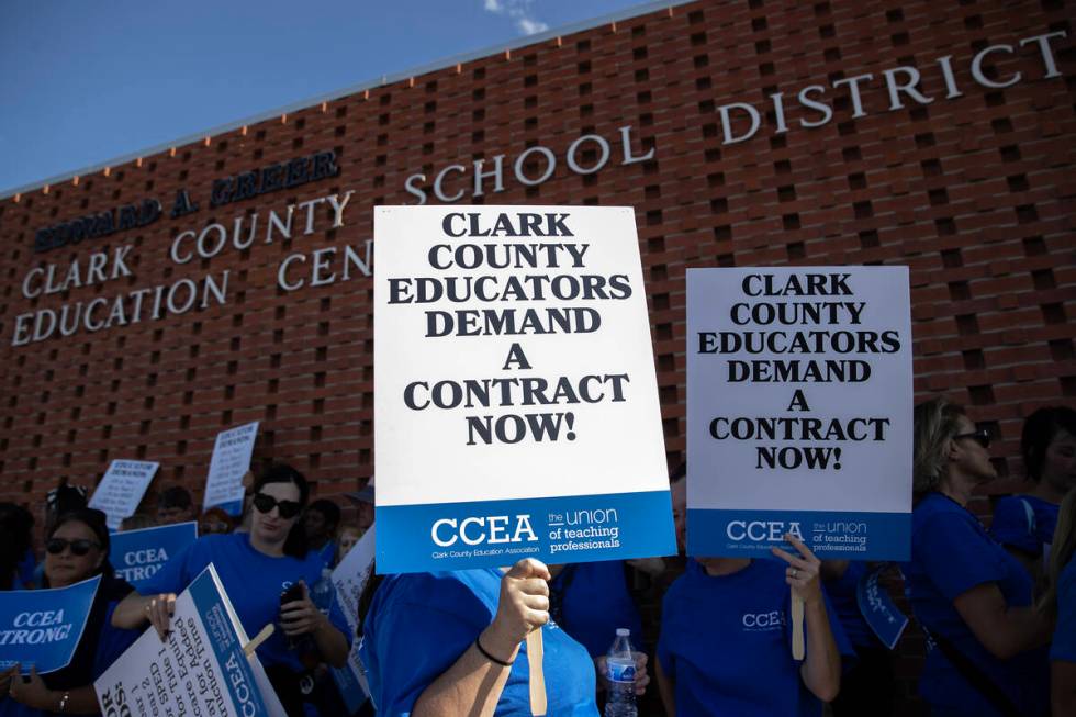 Clark County Education Association teachers union members protest outside CCSD’s Greer E ...