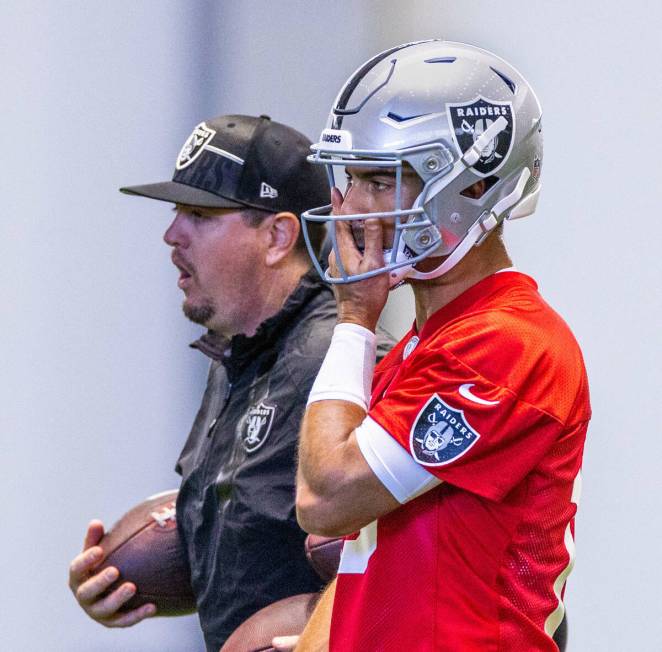 Raiders quarterback Jimmy Garoppolo (10) looks on during training camp at the Intermountain Hea ...