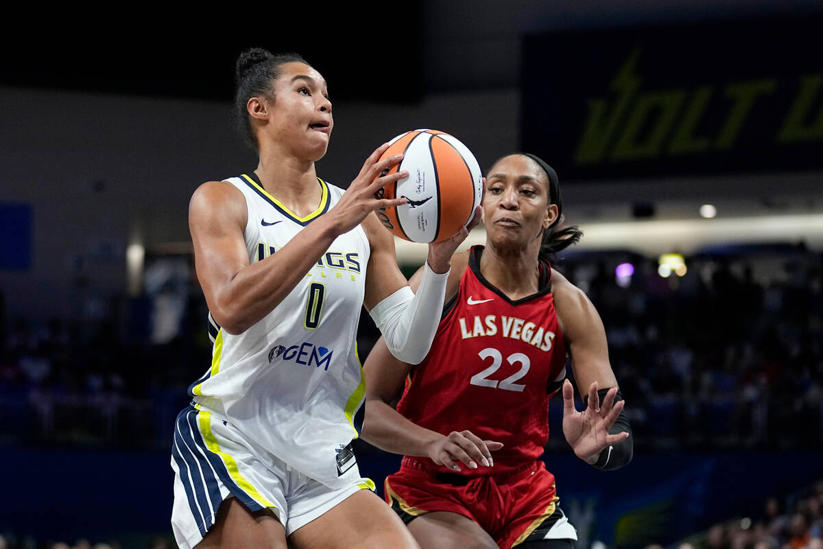 Dallas Wings forward Satou Sabally (0) breaks to the basket for a shot as Las Vegas Aces' A'ja ...