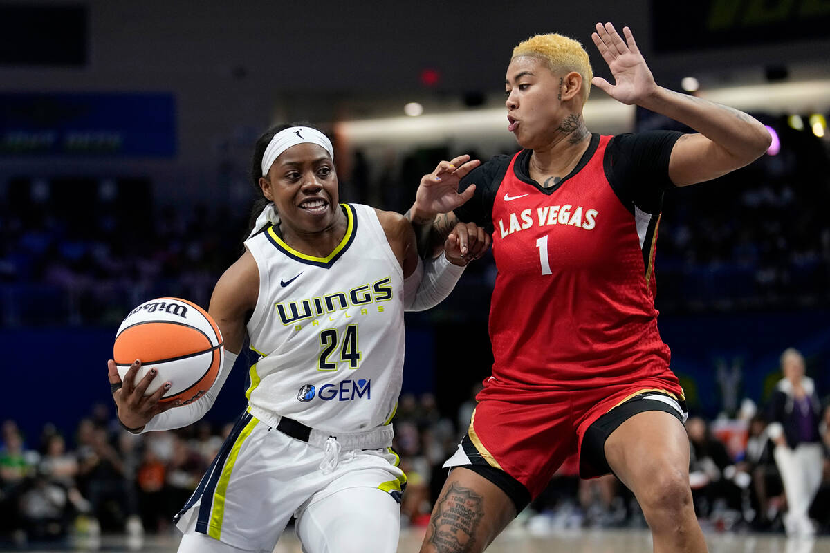 Dallas Wings guard Arike Ogunbowale (24) works against defensive pressure by Las Vegas Aces gua ...