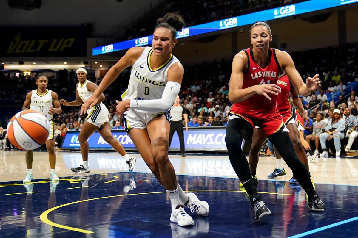 Dallas Wings forward Satou Sabally (0) passes the ball out to a temmate as Las Vegas Aces cente ...