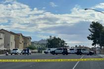Police investigate a fatal crash Wednesday, Aug. 9, 2023, on the 7000 block of East Lake Mead B ...