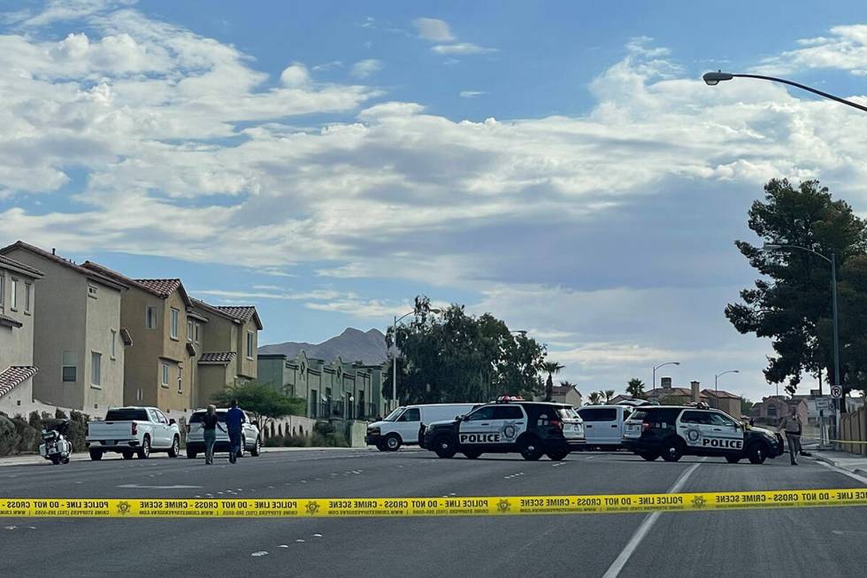 Police investigate a fatal crash Wednesday, Aug. 9, 2023, on the 7000 block of East Lake Mead B ...