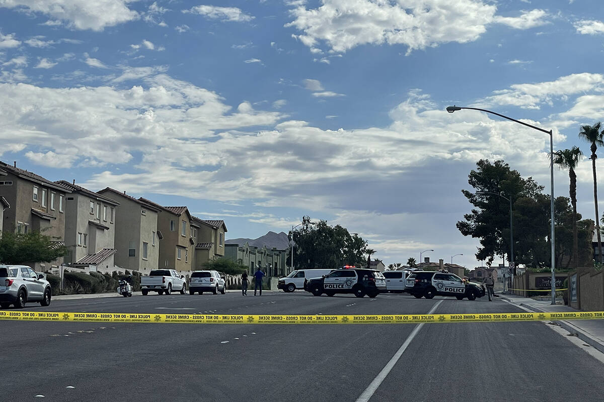 Police investigate a fatal crash Wednesday, Aug. 9, 2023, on the 7000 block of East Lake Mead B ...