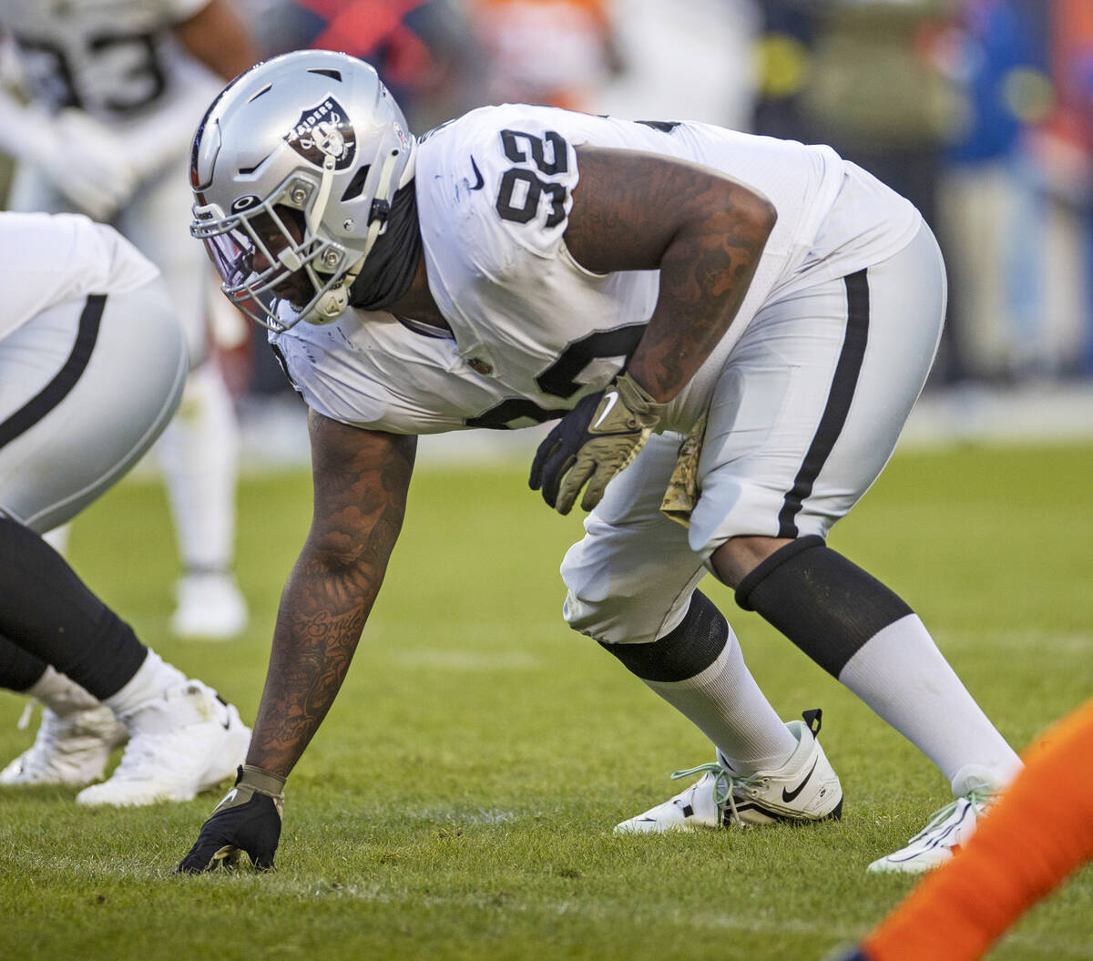 Raiders defensive tackle Neil Farrell Jr. (92) lines up during the second half of an NFL game a ...