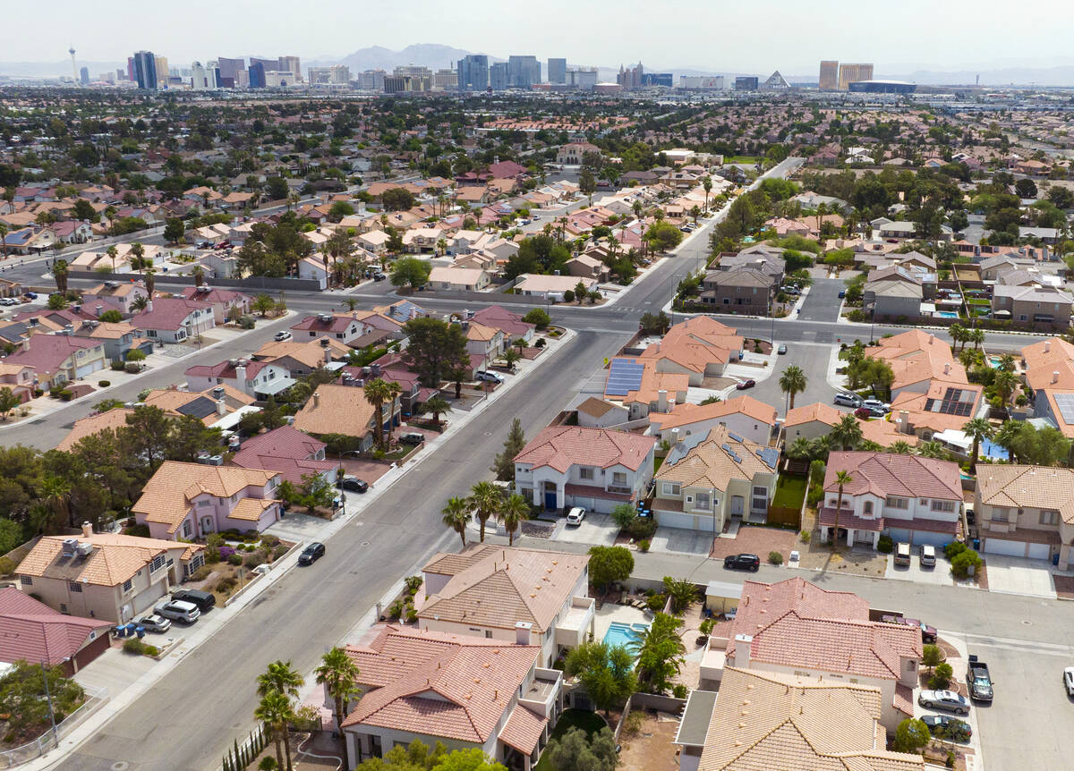 An aerial photo shows homes near Buffalo Drive, on Thursday, June 15, 2023, in Las Vegas. (Bizu ...