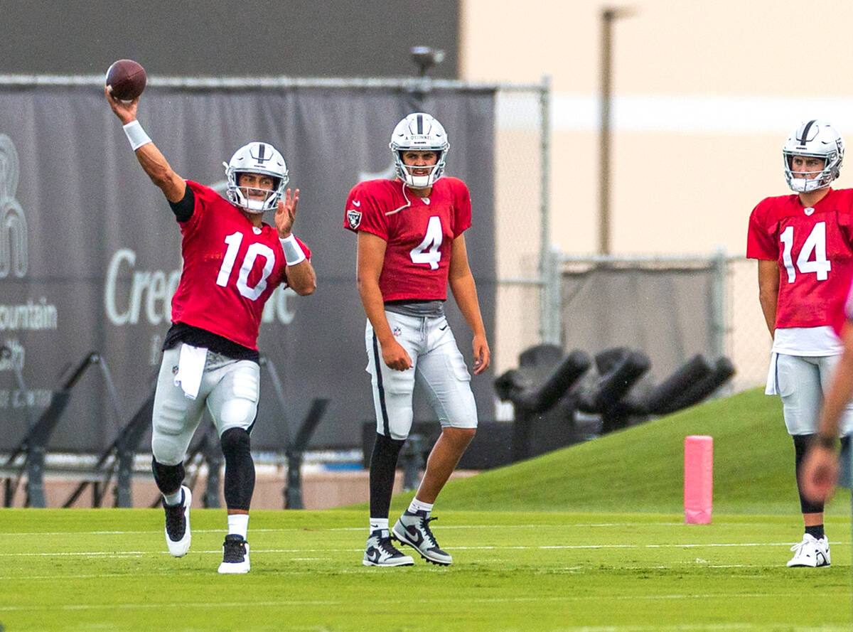 Raiders quarterback Jimmy Garoppolo (10) sets up to throw as quarterback Aidan O'Connell (4) an ...