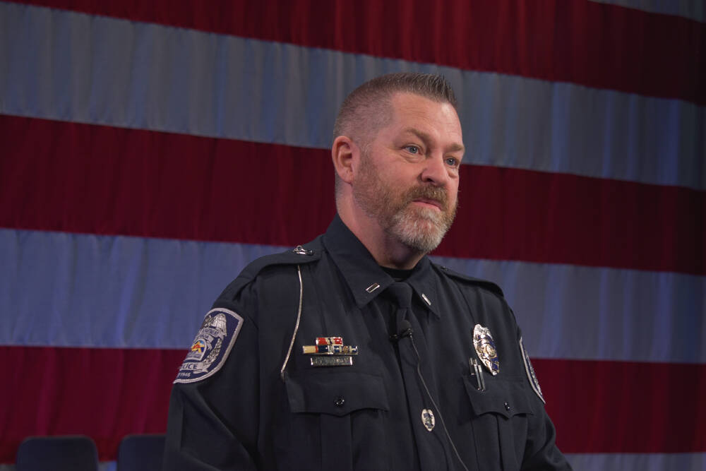 North Las Vegas police Lt. John Cargile on stage of the Horn Theatre at the College of Southern ...