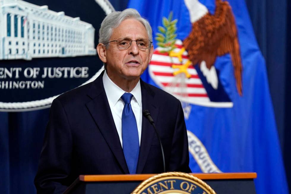 Attorney General Merrick Garland speaks at the Department of Justice on Friday, Aug. 11, 2023, ...