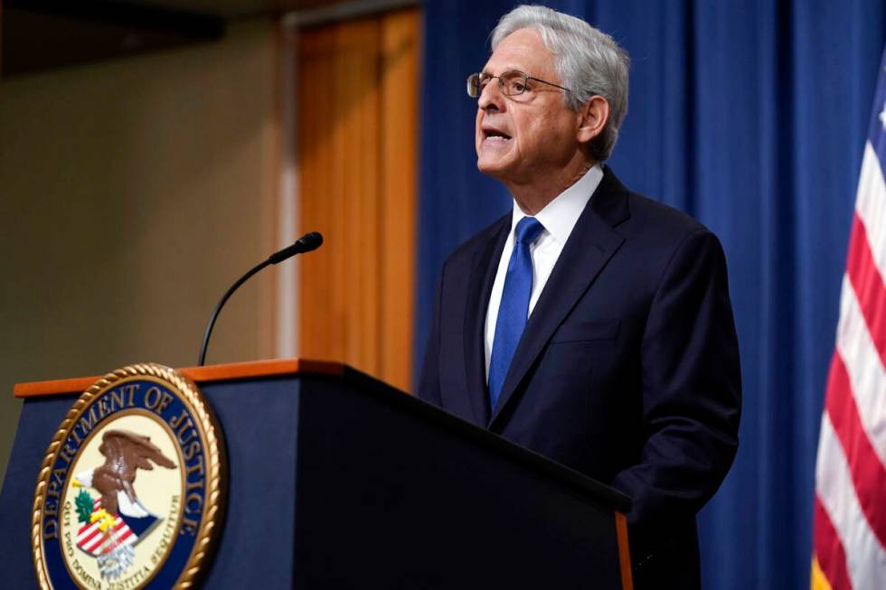 Attorney General Merrick Garland speaks at the Department of Justice on Friday, Aug. 11, 2023, ...