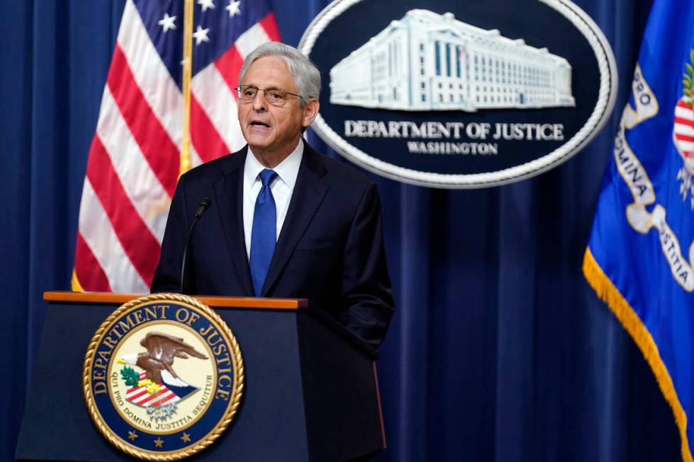 Attorney General Merrick Garland speaks at the Department of Justice on Friday, Aug. 11, 2023, ...