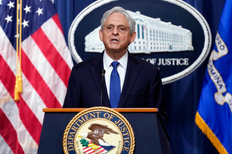 Attorney General Merrick Garland speaks at the Department of Justice on Friday, Aug. 11, 2023, ...