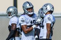 Raiders wide receiver Jakobi Meyers (16) talks with wide receiver Keelan Cole Sr. (84) during t ...