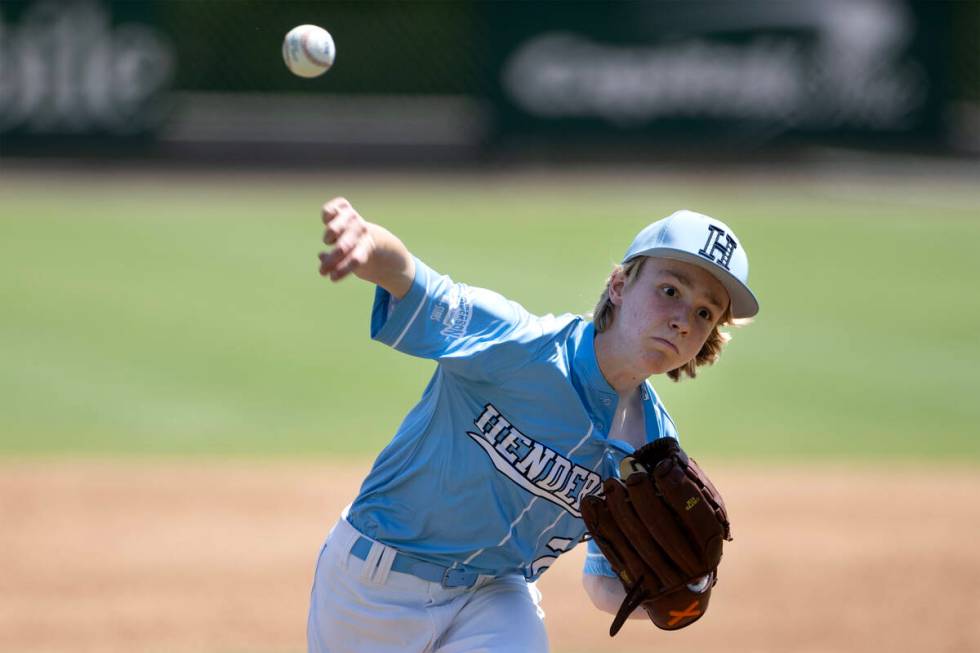 Henderson pitcher Nolan Gifford (22) throws to Utah during the Little League West Regional fina ...