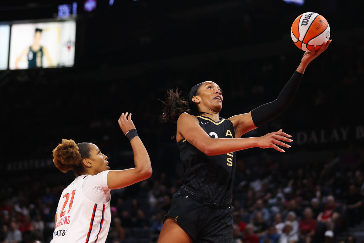 Las Vegas Aces forward A'ja Wilson (22) shoots a layup during a WNBA game against the Washingto ...