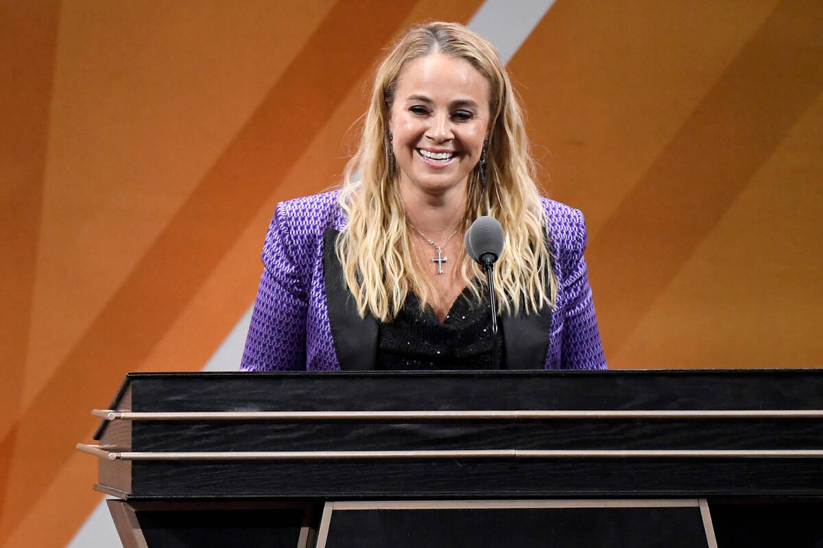 Becky Hammon speaks during her enshrinement at the Basketball Hall of Fame, Saturday, Aug. 12, ...