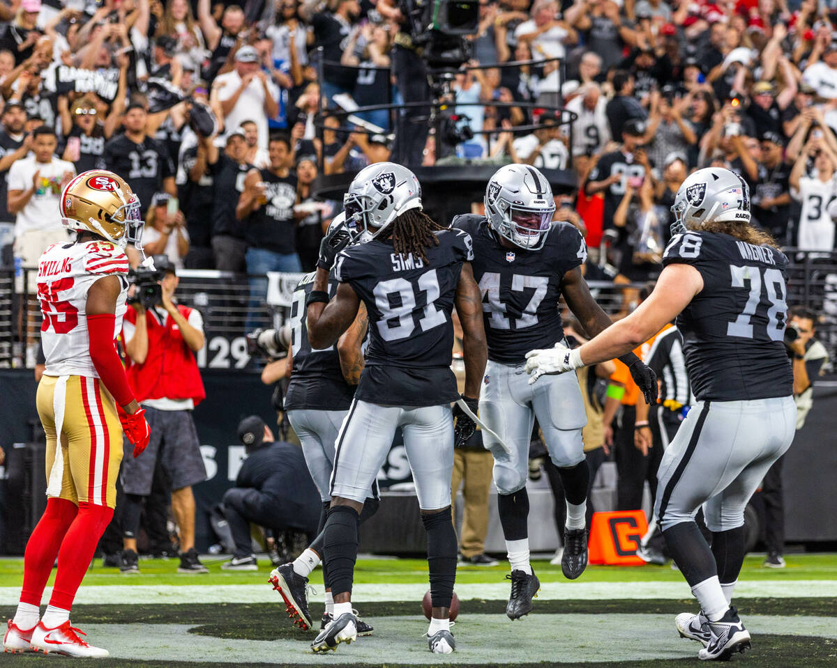 Raiders running back Sincere McCormick (47) celebrates another touchdown against the San Franci ...