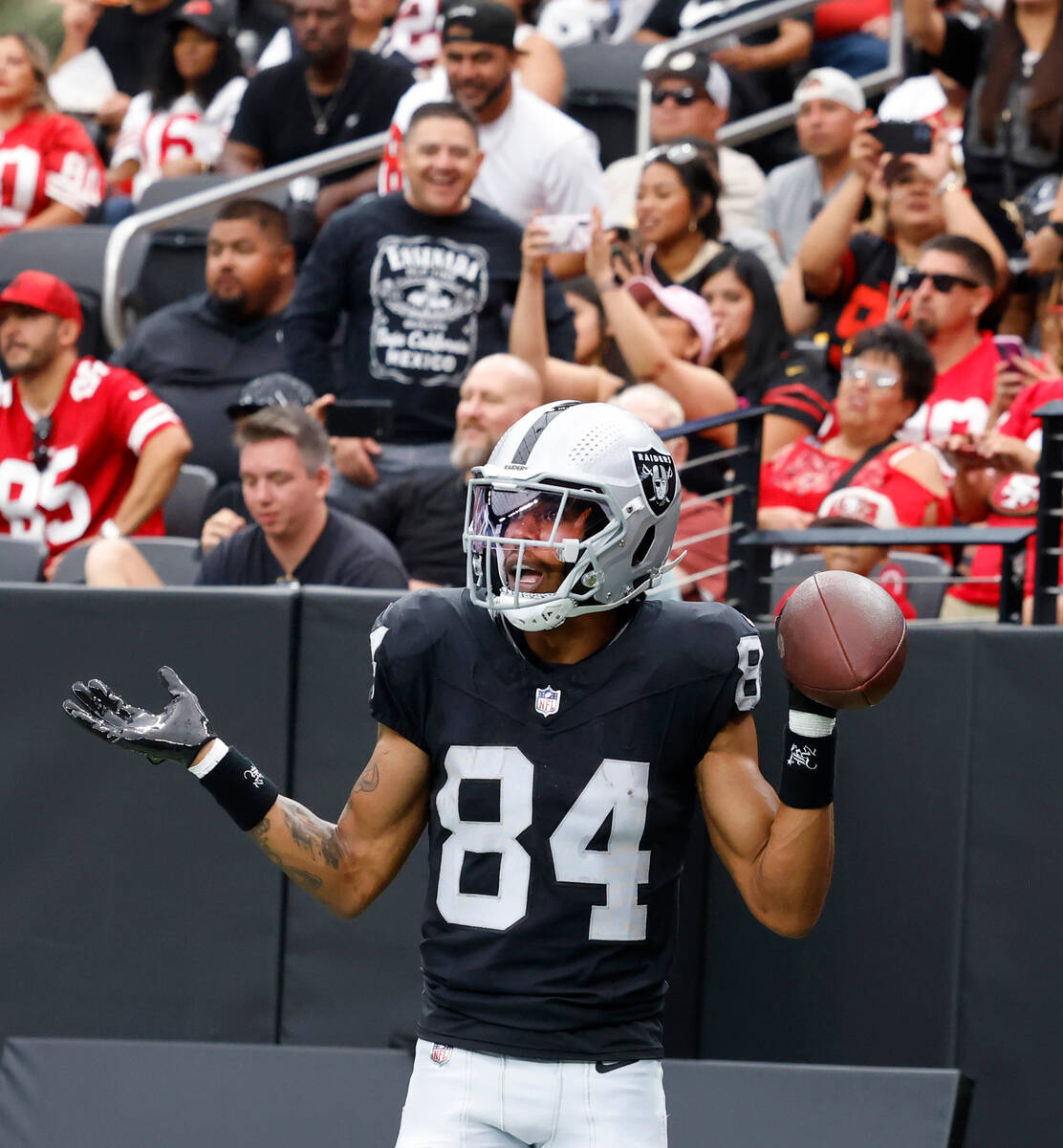 Las Vegas Raiders wide receiver Keelan Cole Sr. (84) celebrates his touchdown during the first ...