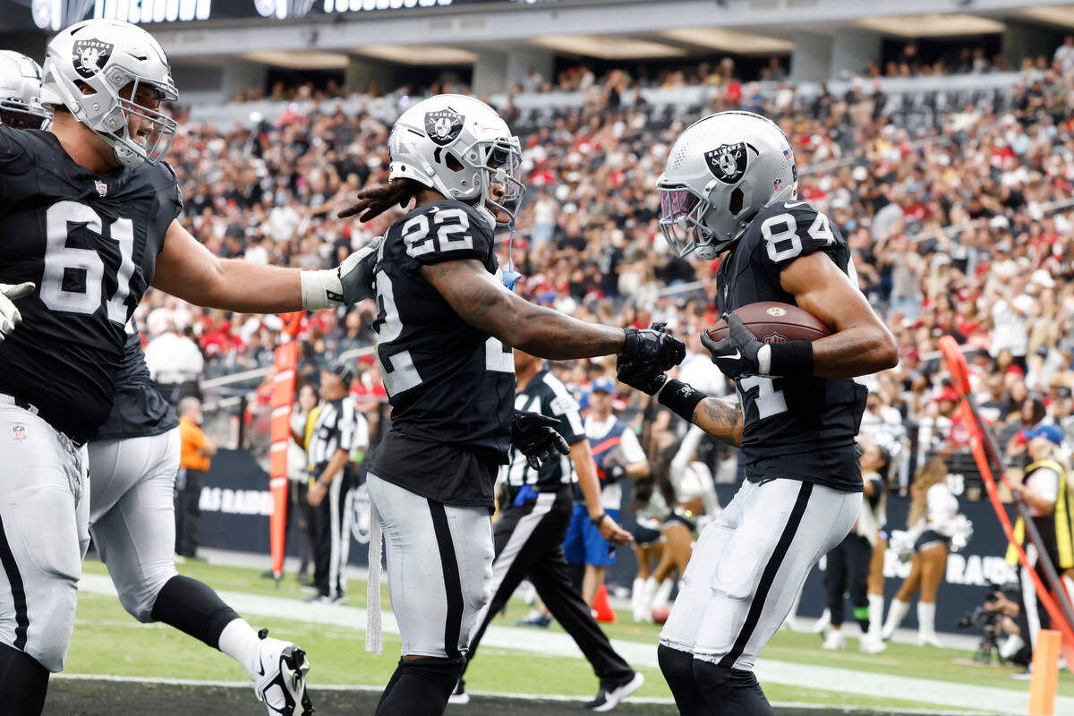 Las Vegas Raiders wide receiver Keelan Cole Sr. (84) celebrates his touchdown with his teammate ...