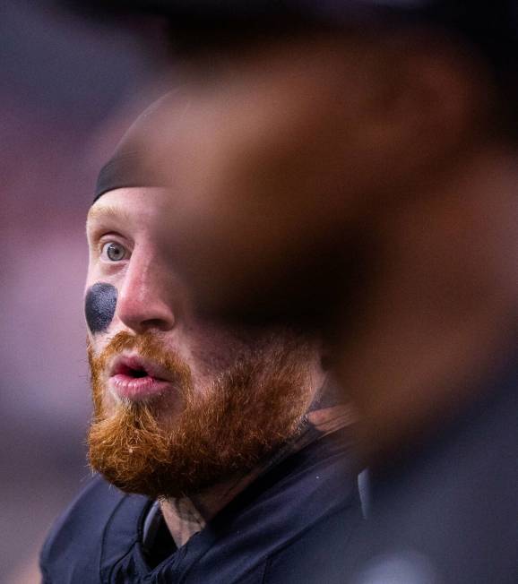 Raiders defensive end Maxx Crosby (98) is pumped up during warm-ups before the first preseason ...