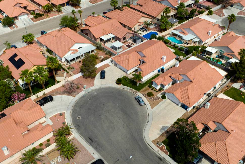 An aerial photo shows homes near Buffalo Drive on Thursday, June 15, 2023, in Las Vegas. (Bizua ...