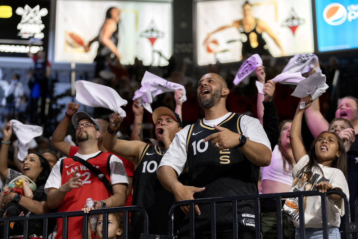 Las Vegas Aces fans cheer for their team before a WNBA basketball Commissioner’s Cup cha ...