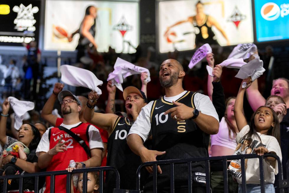 Las Vegas Aces fans cheer for their team before a WNBA basketball Commissioner’s Cup cha ...