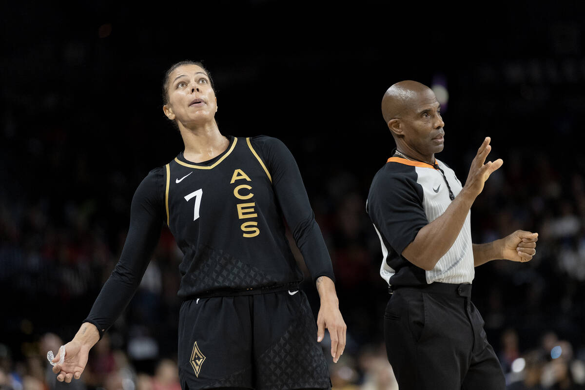 Las Vegas Aces forward Alysha Clark (7) disputes a foul with a referee during the second half o ...