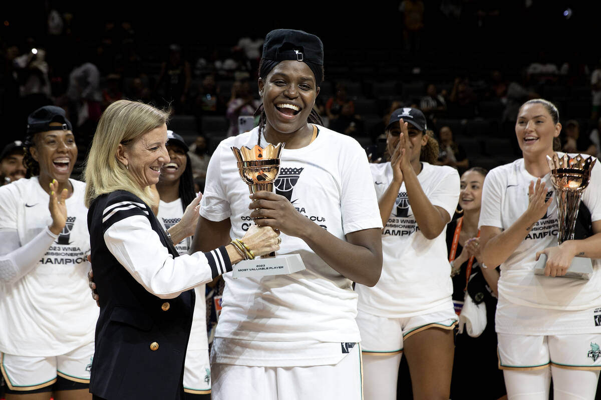 WNBA Commissioner presents New York Liberty forward Jonquel Jones with the Most Valuable Player ...