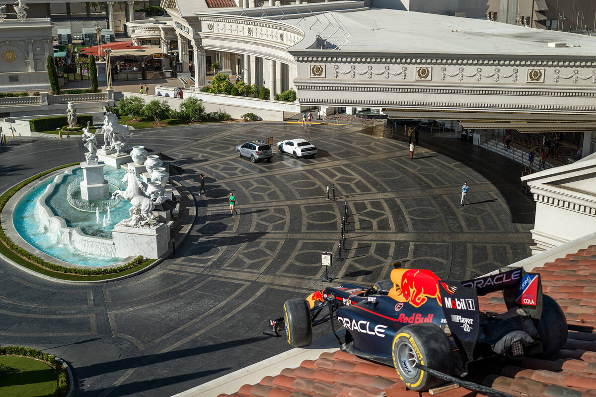 Oracle Red Bull Racing's RB7 sits atop a casino in Las Vegas, Nevada, USA on July 26, 2023. (Re ...