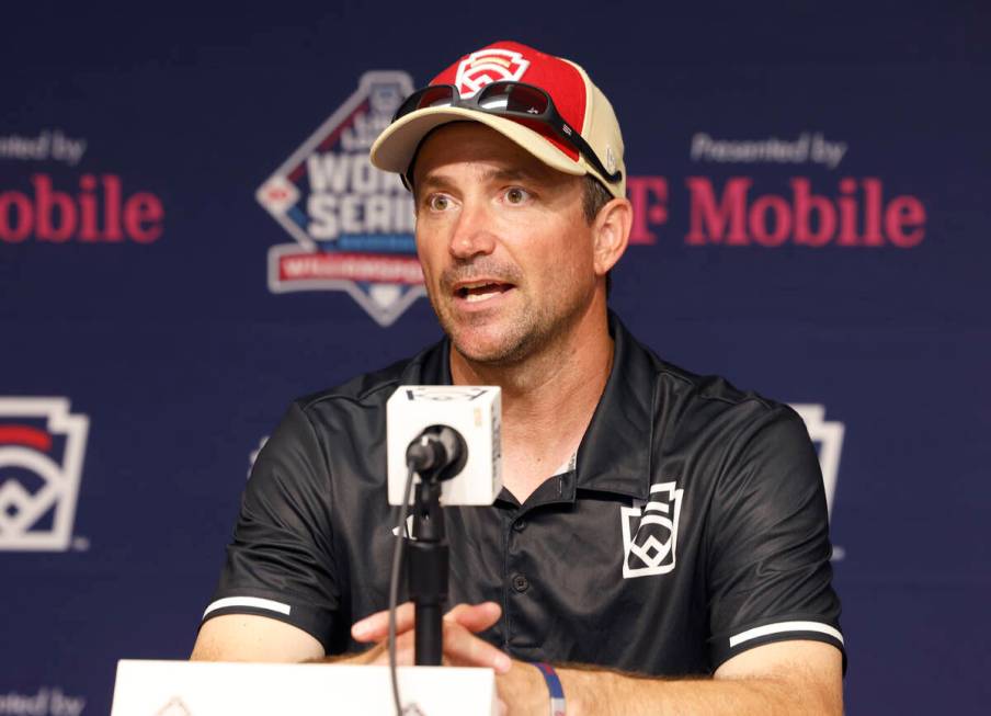 The Henderson All-Stars manager Ryan Gifford speaks during a press conference after losing to R ...