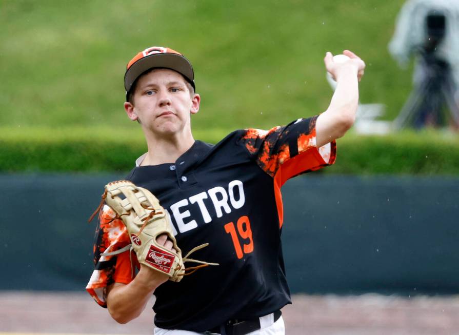 Rhode Island starting pitcher Connor Curtis (19) delivers a pitch against Henderson All-Stars d ...